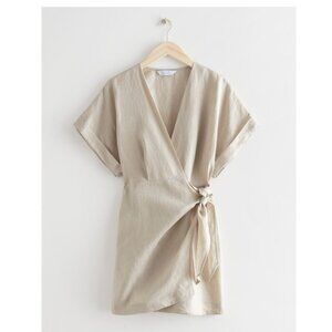 NWT & Other Stories Mini Wrap Dress Light Beige Short Sleeve Tie Waist Size 6